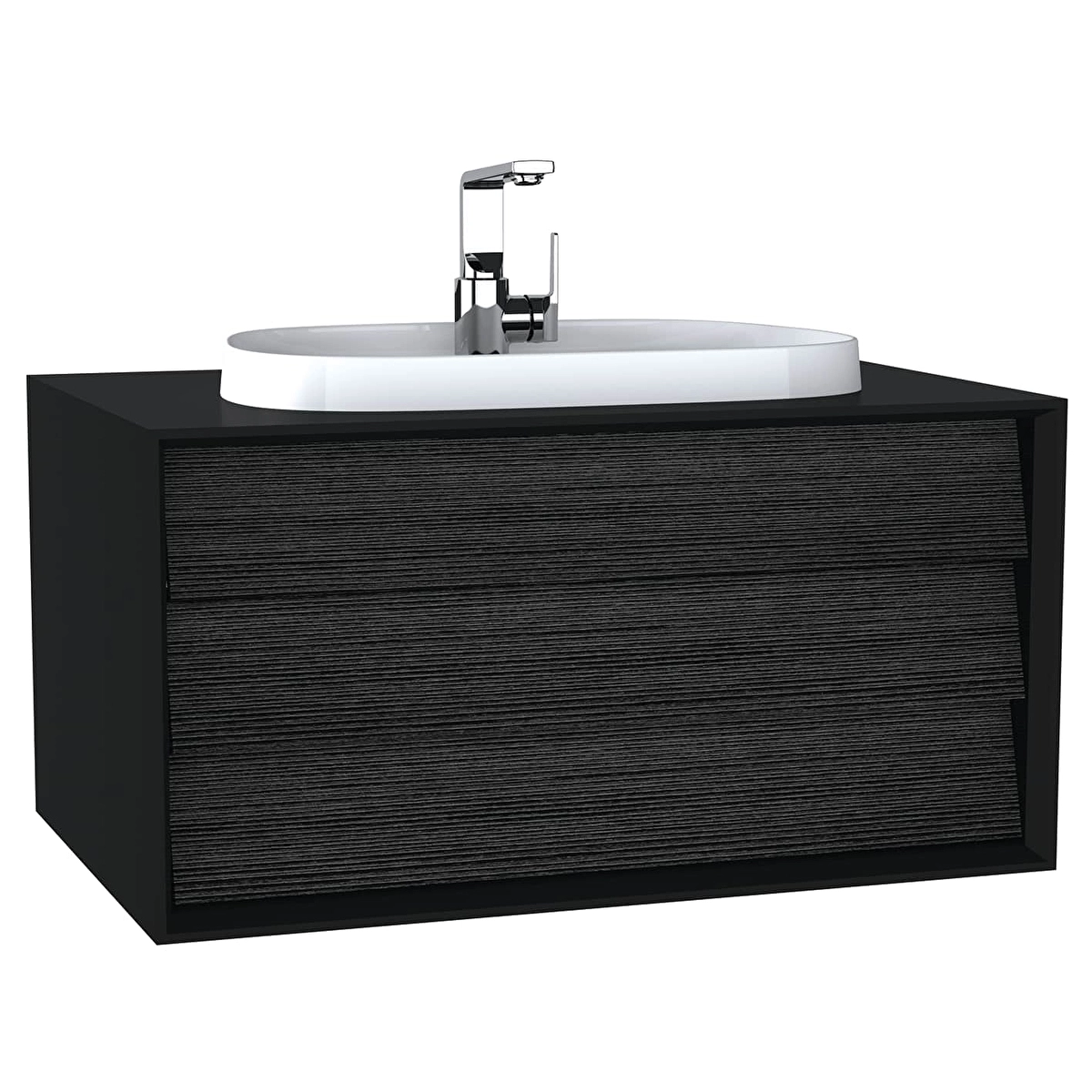 Frame Lavabo Dolabı, Mat Soft Siyah - Hareli Siyah Meşe